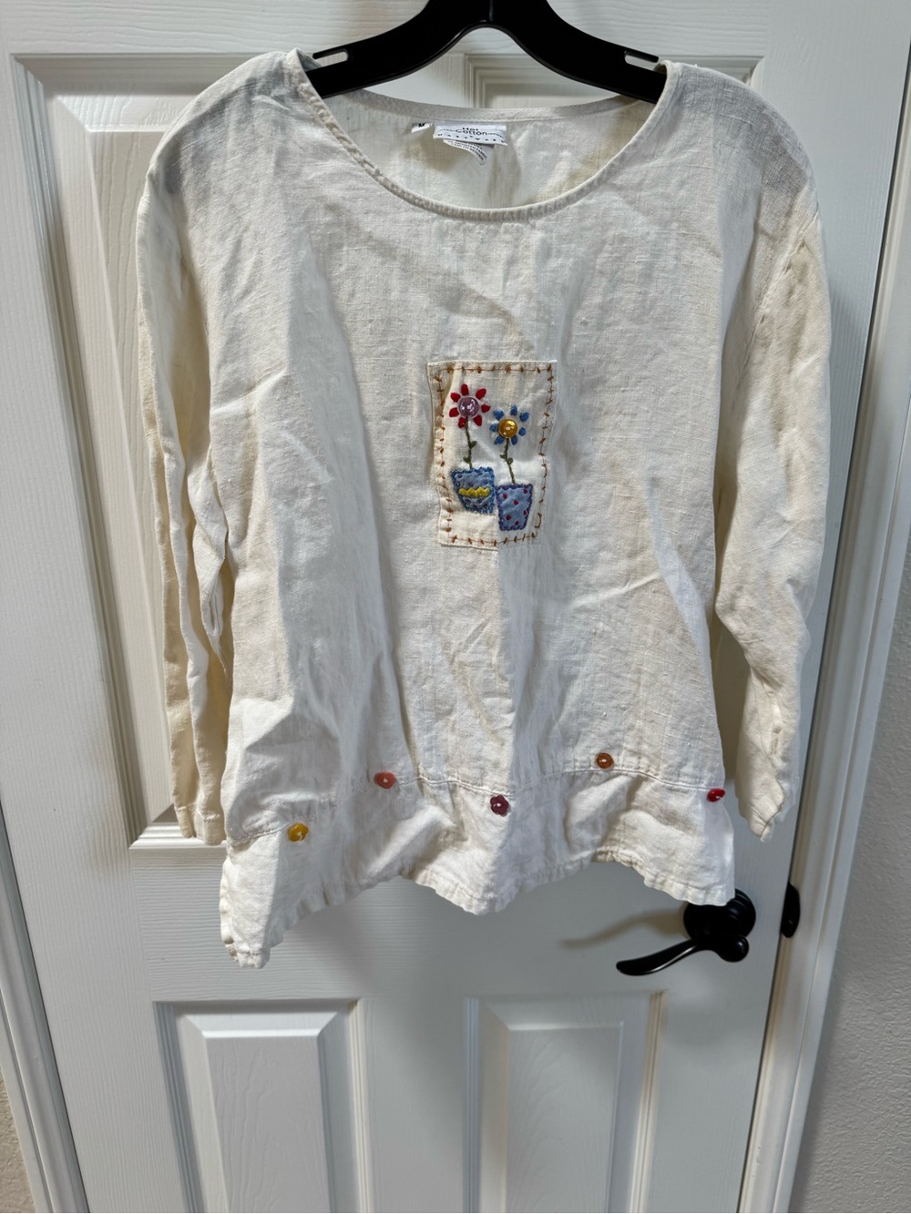 Vintage 90’s Hot Cotton Gardencore Cream Embroidered 100% linen Long-Sleeve Top